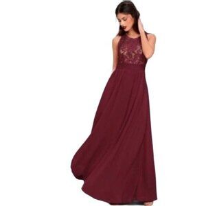 Lulu's Forever and Always Burgundy Sleeveless Halter Gown Sz L